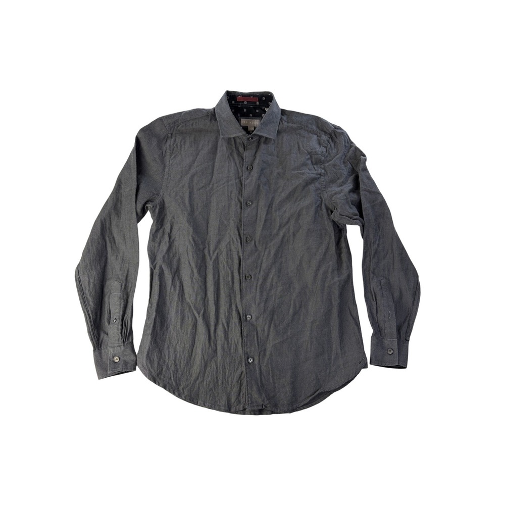 Ted Baker Button Down Shirt Mens M Herringbone Contrast Cuff Long Sleeve Grey